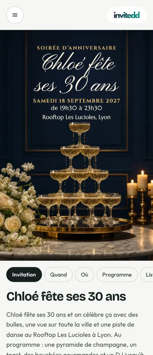 L’exemple d’invitation Chloé fête ses 30 ans tel que les invités le voient sur leur téléphone