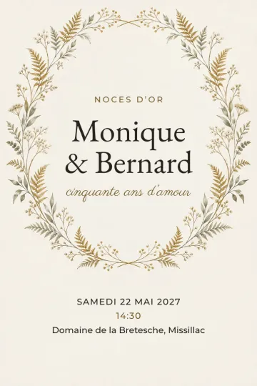 Invitation Anniversaire de mariage, modèle Couronne de fougères