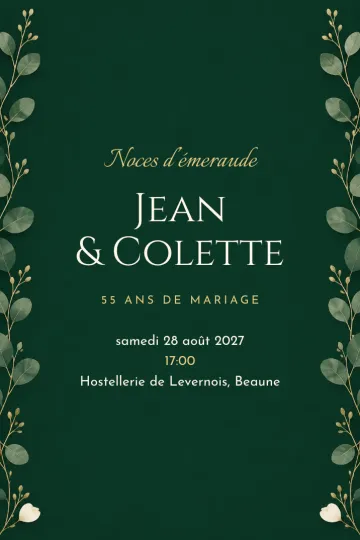 Invitation Anniversaire de mariage, modèle Eucalyptus émeraude
