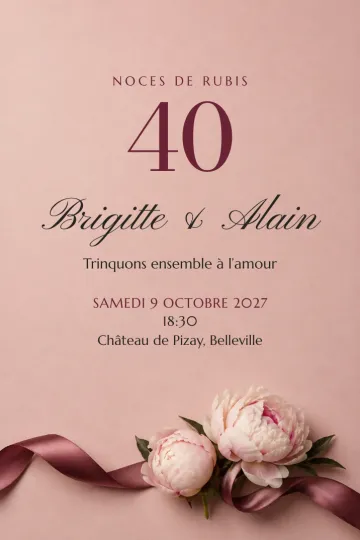 Invitation Anniversaire de mariage, modèle Pivoines au ruban