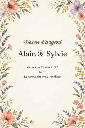 Invitation Anniversaire de mariage, modèle Fleurs des champs