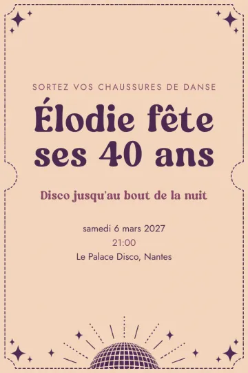 Invitation Anniversaire, modèle Ticket disco abricot