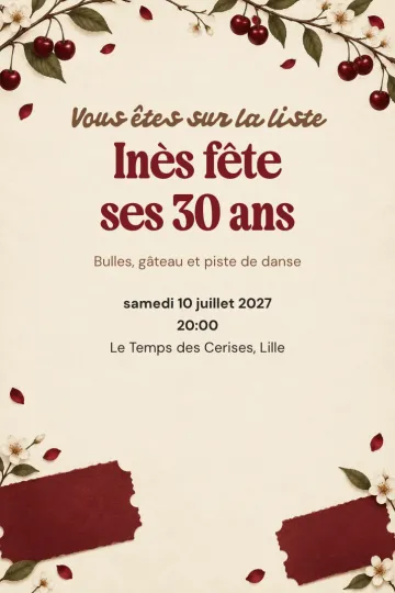 Invitation Anniversaire, modèle Cerises et tickets