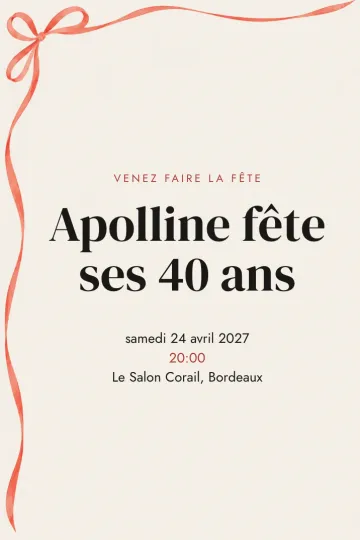 Invitation Anniversaire, modèle Ruban corail