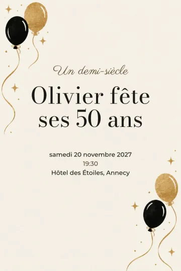 Invitation Anniversaire, modèle Ballons noir et or