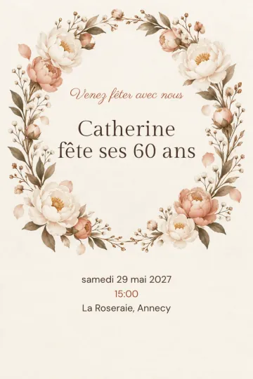 Invitation Anniversaire, modèle Couronne de pivoines