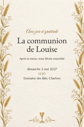 Invitation Baptême et communion, modèle Épis dorés