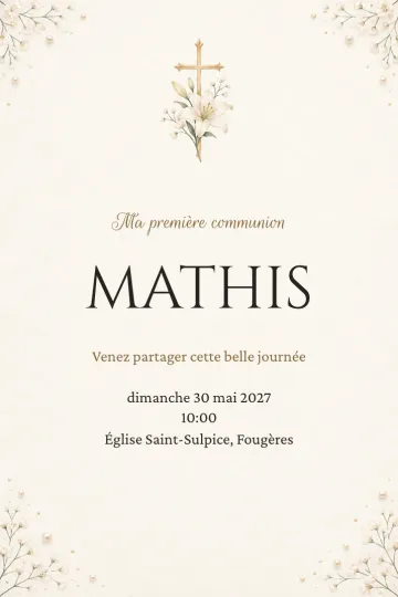Invitation Baptême et communion, modèle Lys et croix dorée