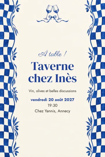 Invitation Dîner et apéro, modèle Taverne bleue