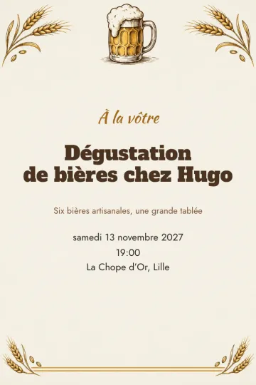 Invitation Dîner et apéro, modèle Chope et orge