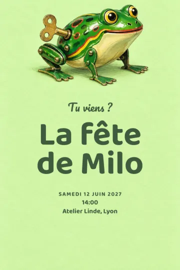 Invitation avec le modèle Fête grenouille mécanique