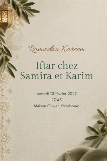 Invitation Fêtes de l’année, modèle Rameau d’olivier et croissant