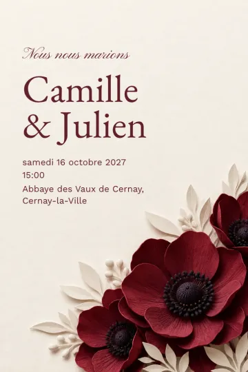 Invitation Mariage, modèle Anémone de papier