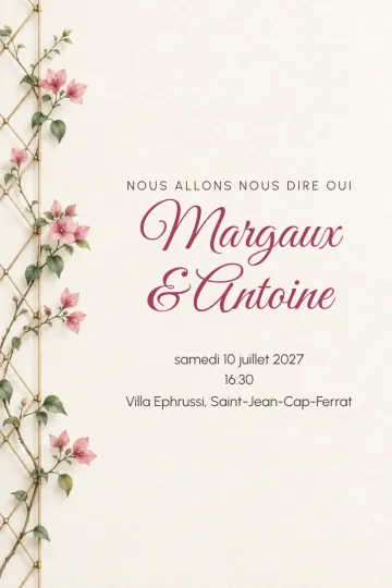 Invitation Mariage, modèle Bougainvillier sur treillis