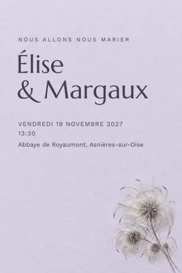 Invitation Mariage, modèle Clématite en lumière argentée