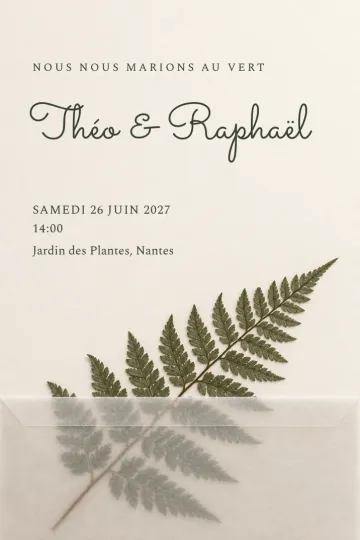 Invitation Mariage, modèle Fougère sous vélin