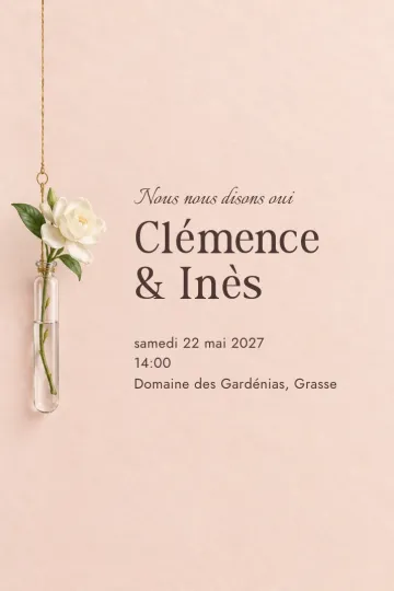 Invitation Mariage, modèle Fleur blanche en fiole