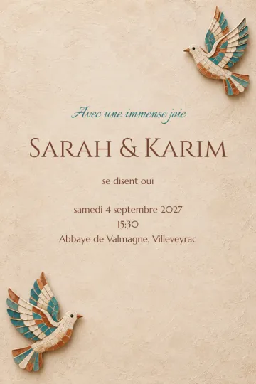 Invitation Mariage, modèle Colombes en mosaïque