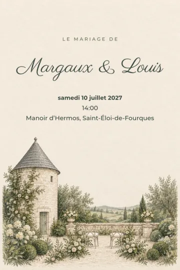 Invitation Mariage, modèle Pigeonnier au jardin
