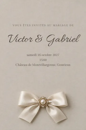 Invitation Mariage, modèle Nœud de satin perlé