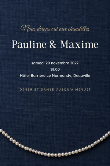 Invitation Mariage, modèle Rang de perles sur marine