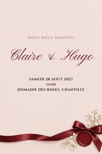 Invitation Mariage, modèle Ruban et cachet de cire