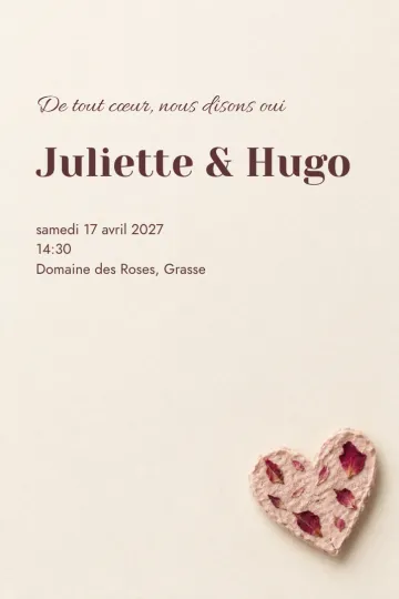 Invitation Mariage, modèle Cœur en papier de roses