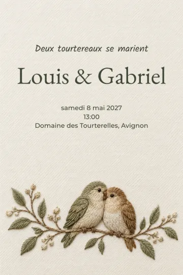 Invitation Mariage, modèle Tourtereaux brodés