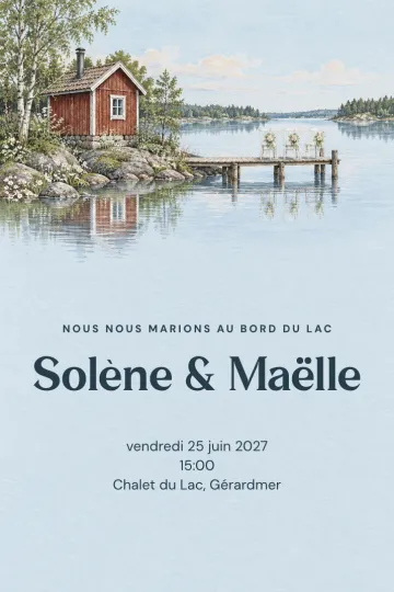 Invitation Mariage, modèle Cabane rouge au bord du lac